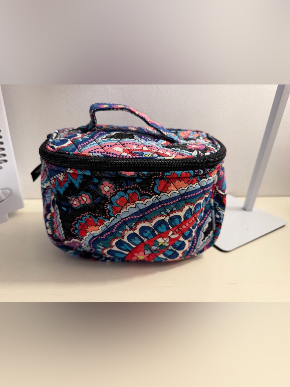 Vera Bradley Train Cosmetic Case in the Haymaker Paisley Pattern.